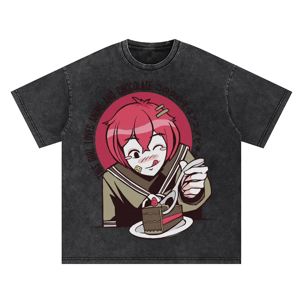 Anime And Chocolate Girl Oversized Acid Wash T-shirt