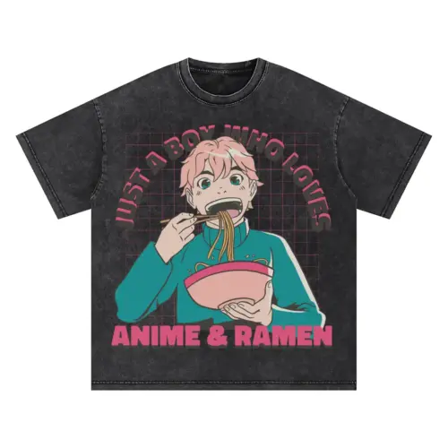 Anime Boy Ramen Oversized Acid Wash T-shirt