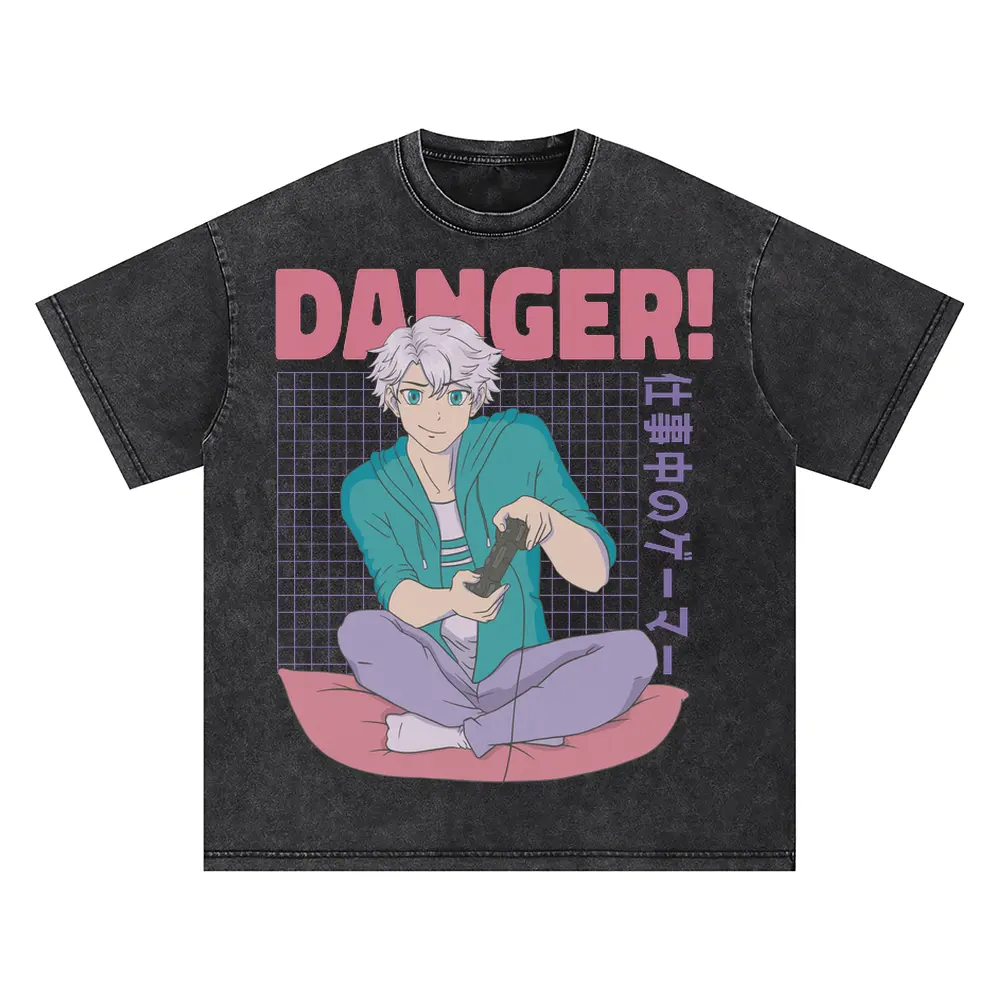 Anime Boy Danger Oversized Acid Wash T-shirt