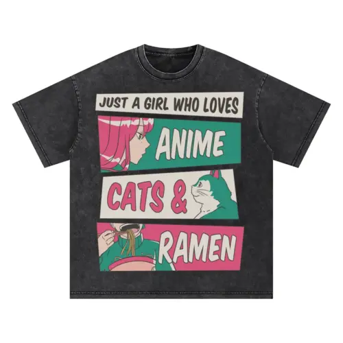 Anime Cats Ramen Oversized Acid Wash T-shirt