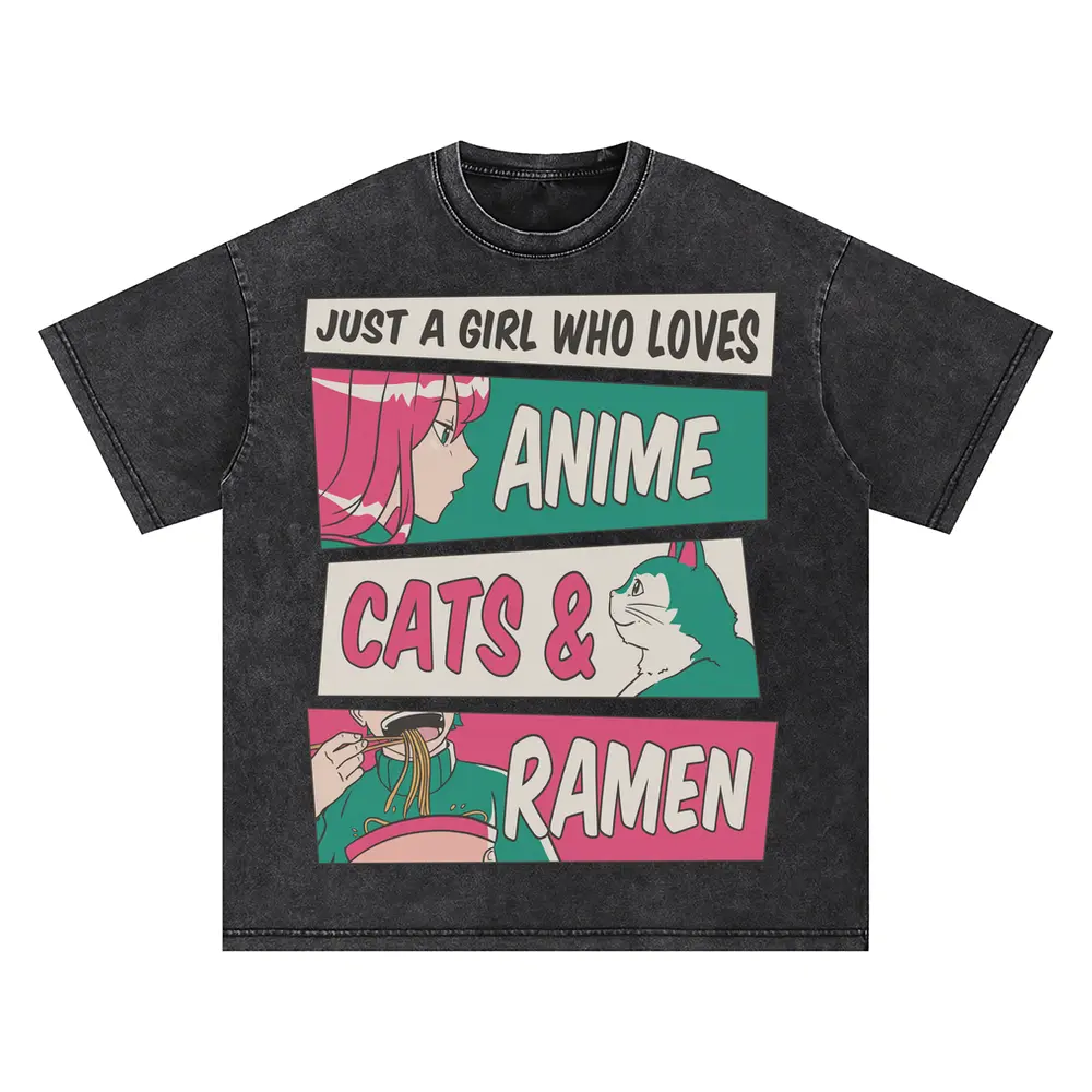 Anime Cats Ramen Oversized Acid Wash T-shirt