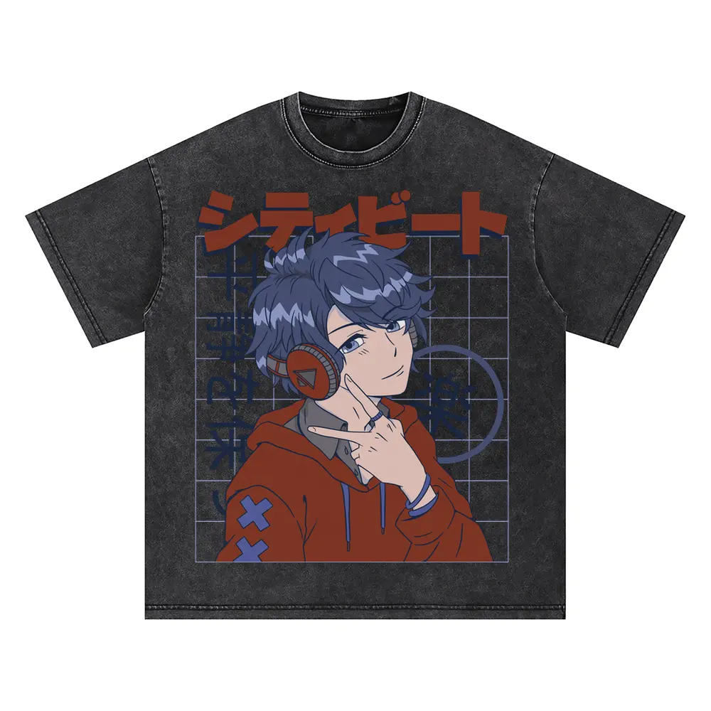 Anime Boy Headphones Oversized Acid Wash T-shirt
