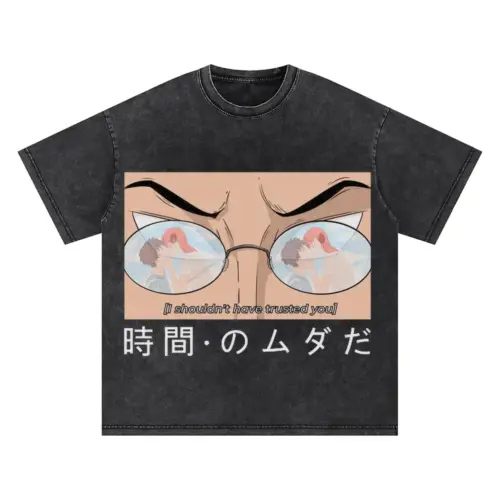 Anime Caption Oversized Acid Wash T-shirt