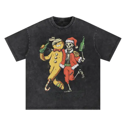 Anti Christmas Skeleton Santa Ginger Cookie Oversized Acid Wash T-shirt