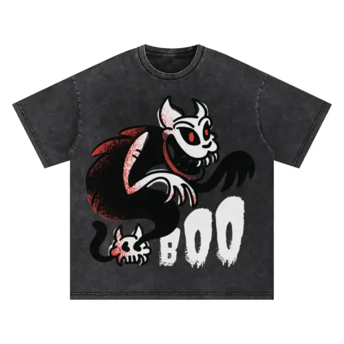 Boo Ghost Cat Oversized Acid Wash T-shirt