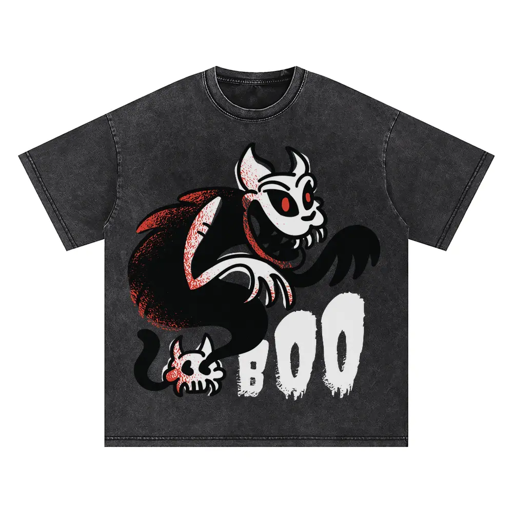 Boo Ghost Cat Oversized Acid Wash T-shirt