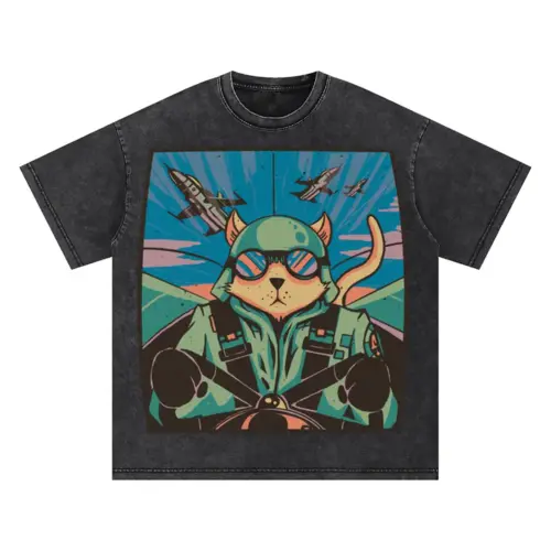 Airplane Cat Oversized Acid Wash T-shirt