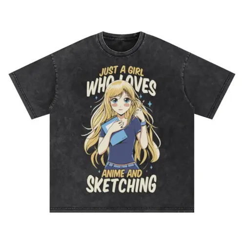 Anime Girl Sketching Cute Oversized Acid Wash T-shirt