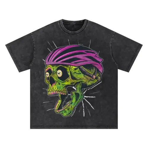 Bike Helmet Skull Oversized Acid Wash T-shirt