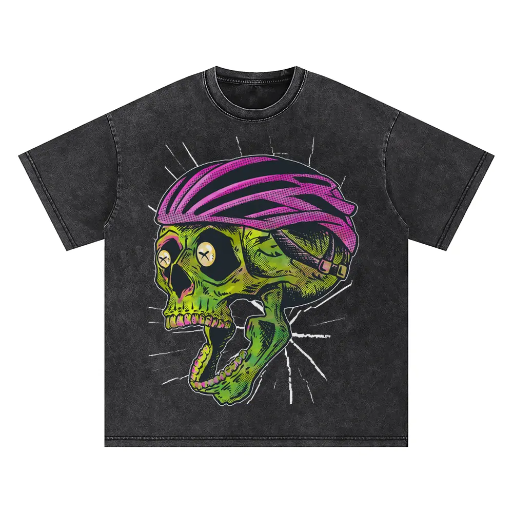 Bike Helmet Skull Oversized Acid Wash T-shirt