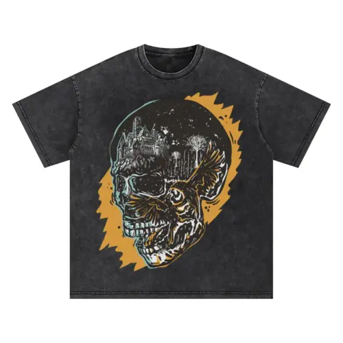 Crow Fight Skull Og Oversized Acid Wash T-shirt