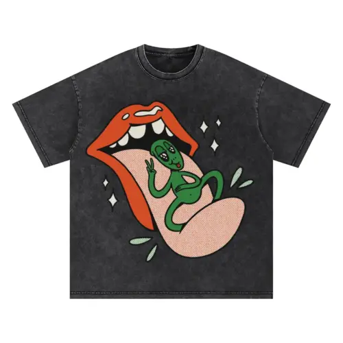 Alien On Tongue Oversized Acid Wash T-shirt