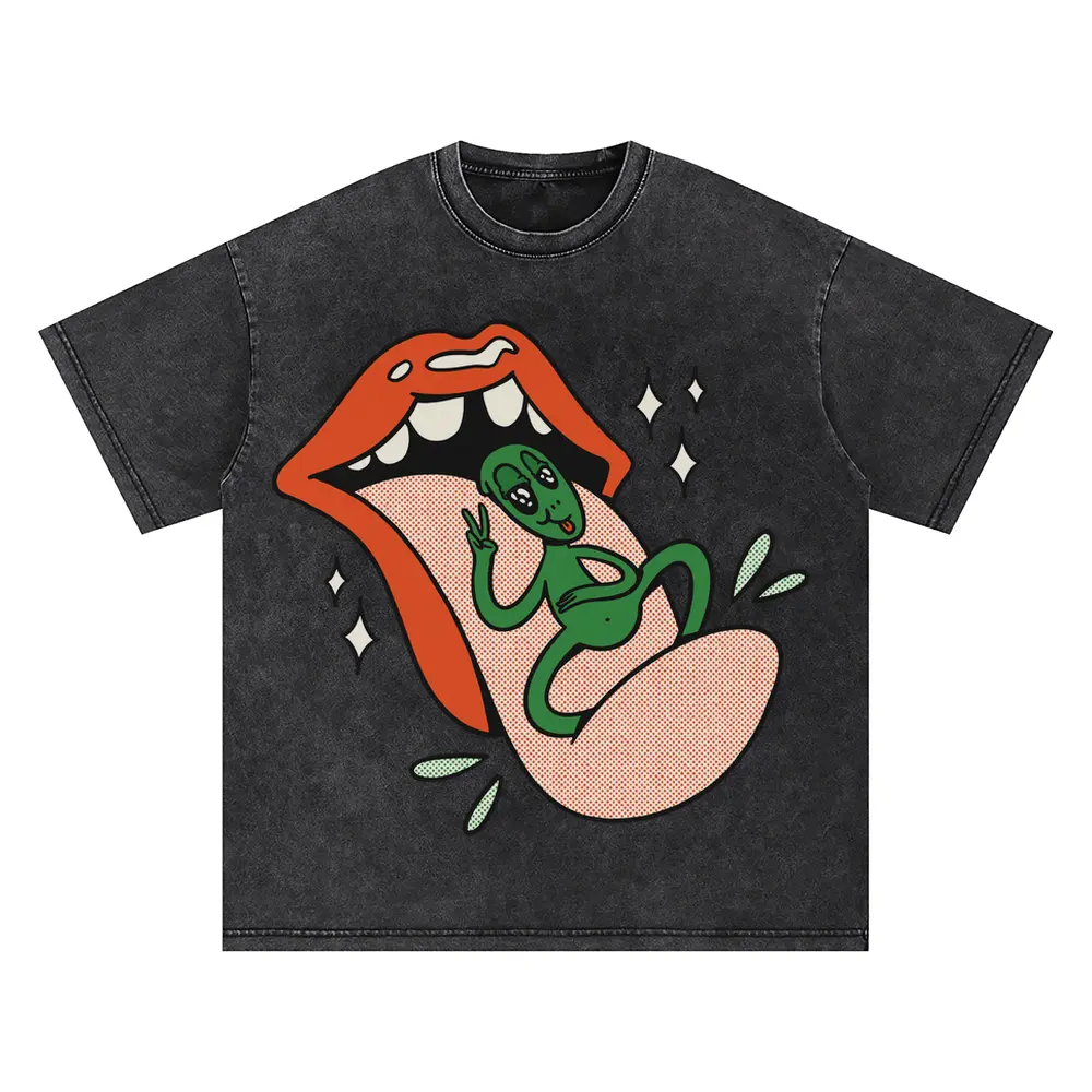 Alien On Tongue Oversized Acid Wash T-shirt