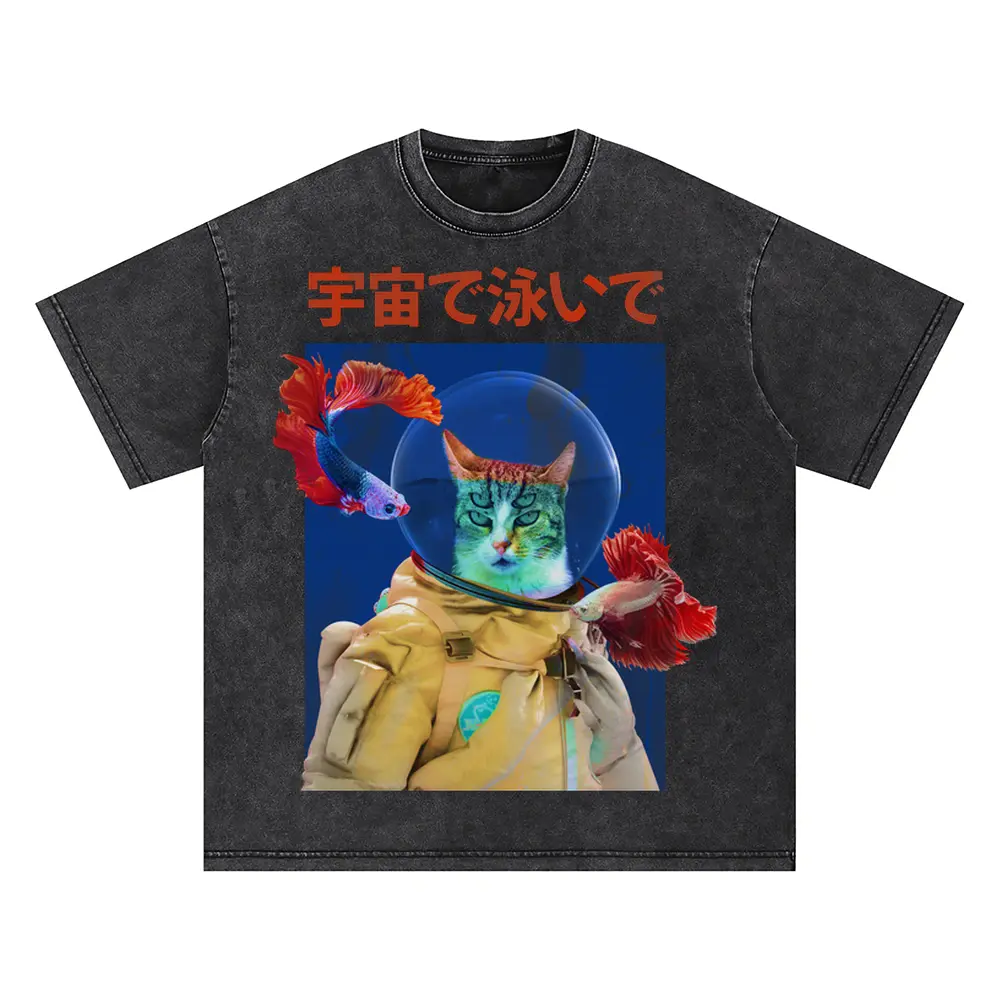 Trippy Cat Astronaut Oversized Acid Wash T-shirt