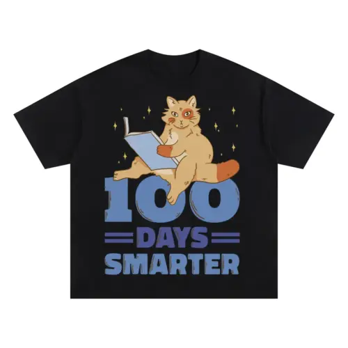 00 Days Smarter Cat Reading Oversized Black Graphic Tee