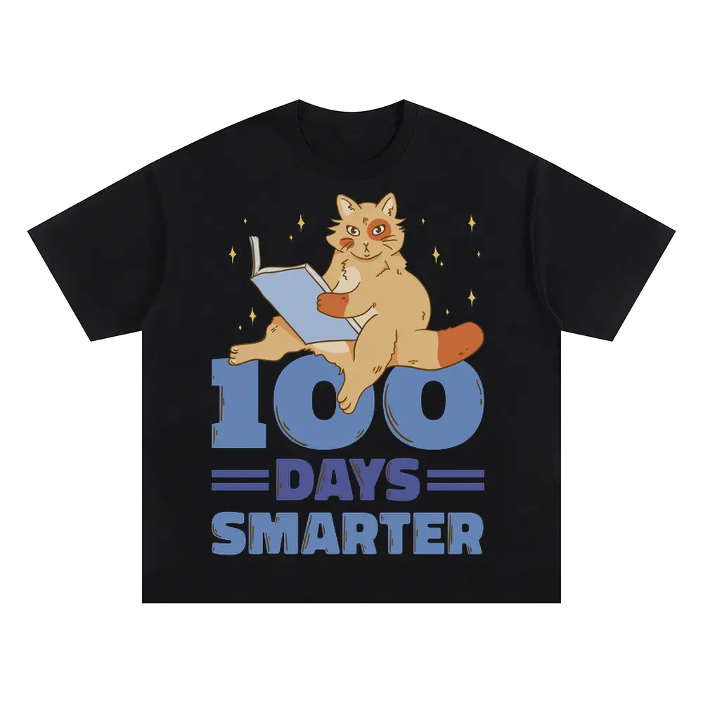 00 Days Smarter Cat Reading Oversized Black Graphic Tee
