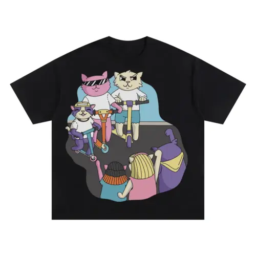 3 Scooter Cats Oversized Black Graphic Tee