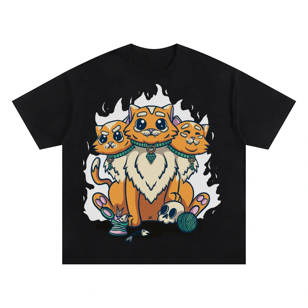 3 Head Cat Oversized Black Graphic Tee
