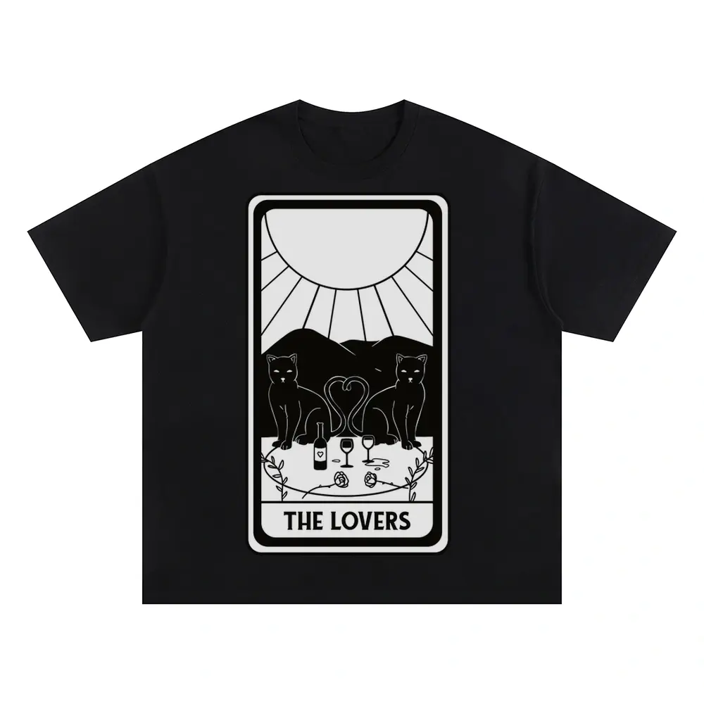 The Lovers Cat Tarot Card Oversized Black Graphic Tee