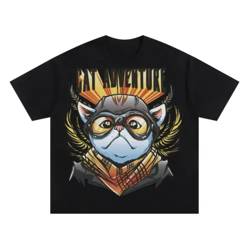 Adventure Cat Oversized Black Graphic Tee