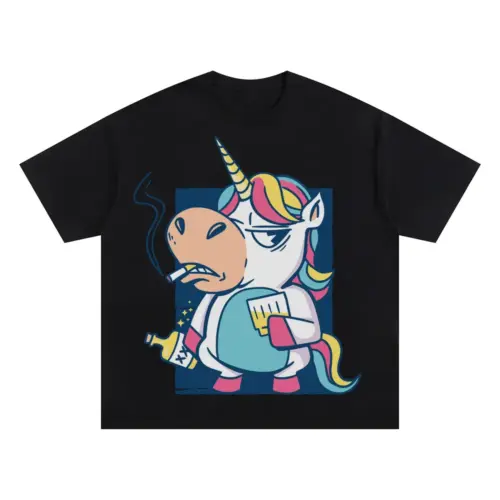 Bad Habits Unicorn S Oversized Black Graphic Tee