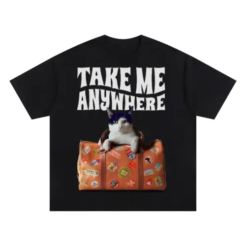 Wanderlust Cat Oversized Black Graphic Tee