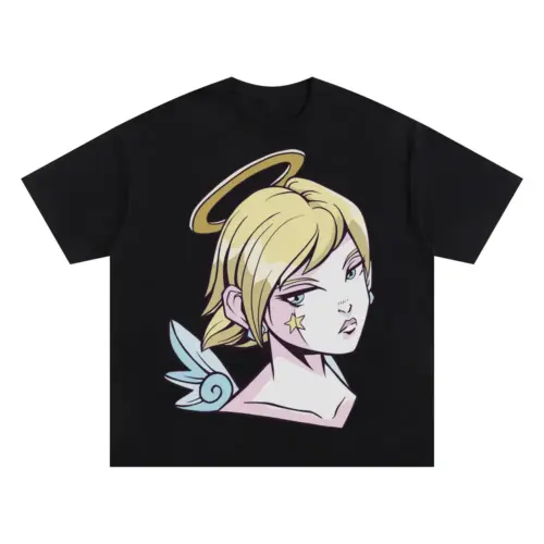 Angel Girl Anime Oversized Black Graphic Tee