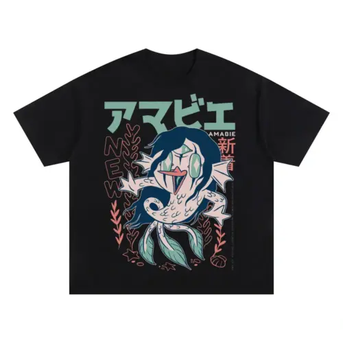 Amabie Yokai Oversized Black Graphic Tee
