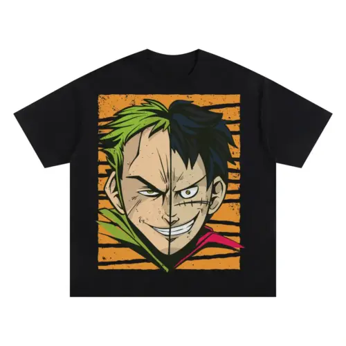 Anime Characters Faces Off Oversized Black Graphic Tee