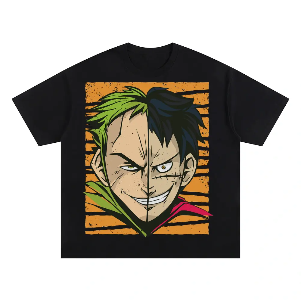 Anime Characters Faces Off Oversized Black Graphic Tee