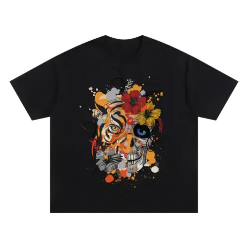 Abstract Tiger Oversized Black Graphic Tee