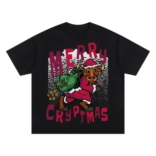 Bitcoin Santa Bull Oversized Black Graphic Tee
