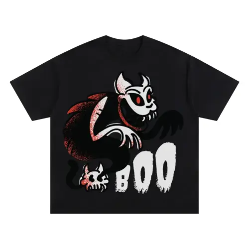 Boo Ghost Cat Oversized Black Graphic Tee
