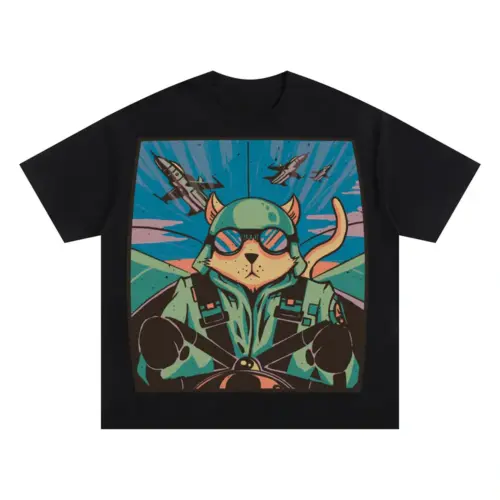 Airplane Cat Oversized Black Graphic Tee