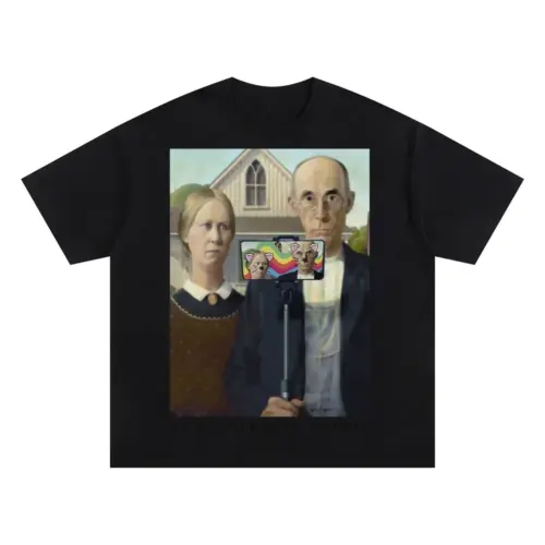 American Gothic Selfie Oversized Black Graphic Tee