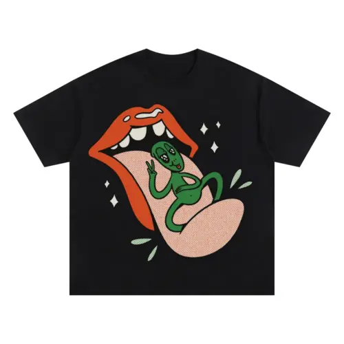 Alien On Tongue Oversized Black Graphic Tee