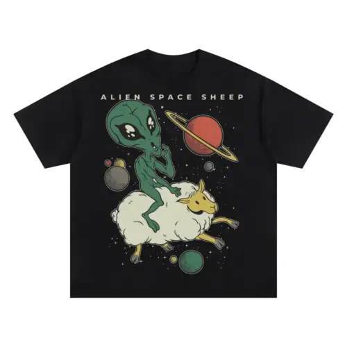 Alien Space Sheep Oversized Black Graphic Tee
