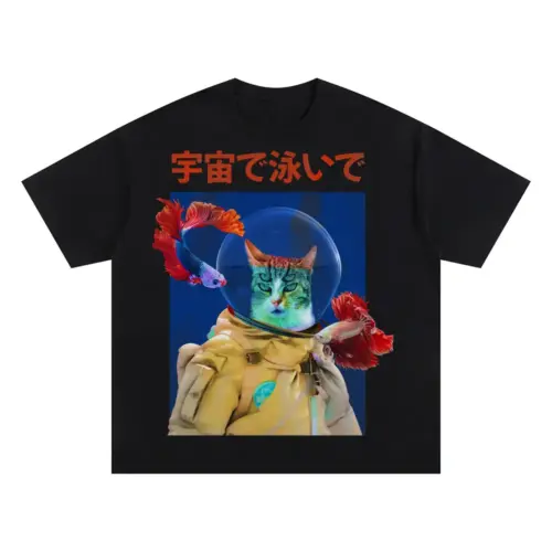 Trippy Cat Astronaut Oversized Black Graphic Tee