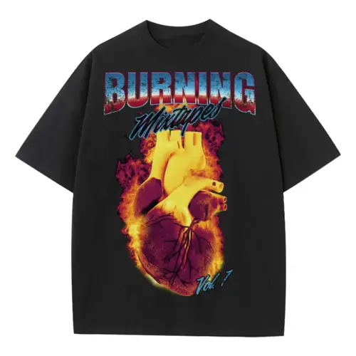 90 S Burning Mixtapes Heavyweight Oversized Black Graphic Tee