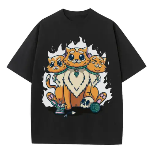 3 Head Cat Heavyweight Oversized Black Graphic Tee