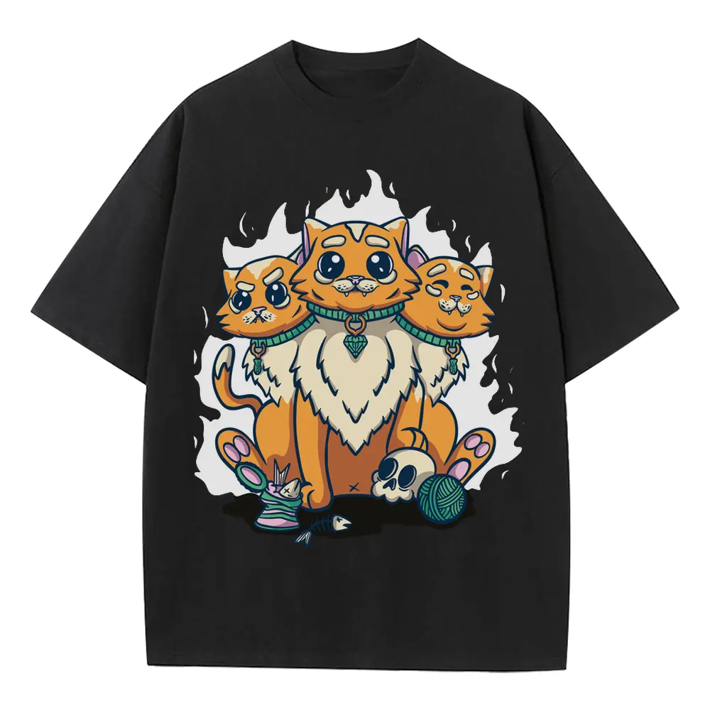 3 Head Cat Heavyweight Oversized Black Graphic Tee
