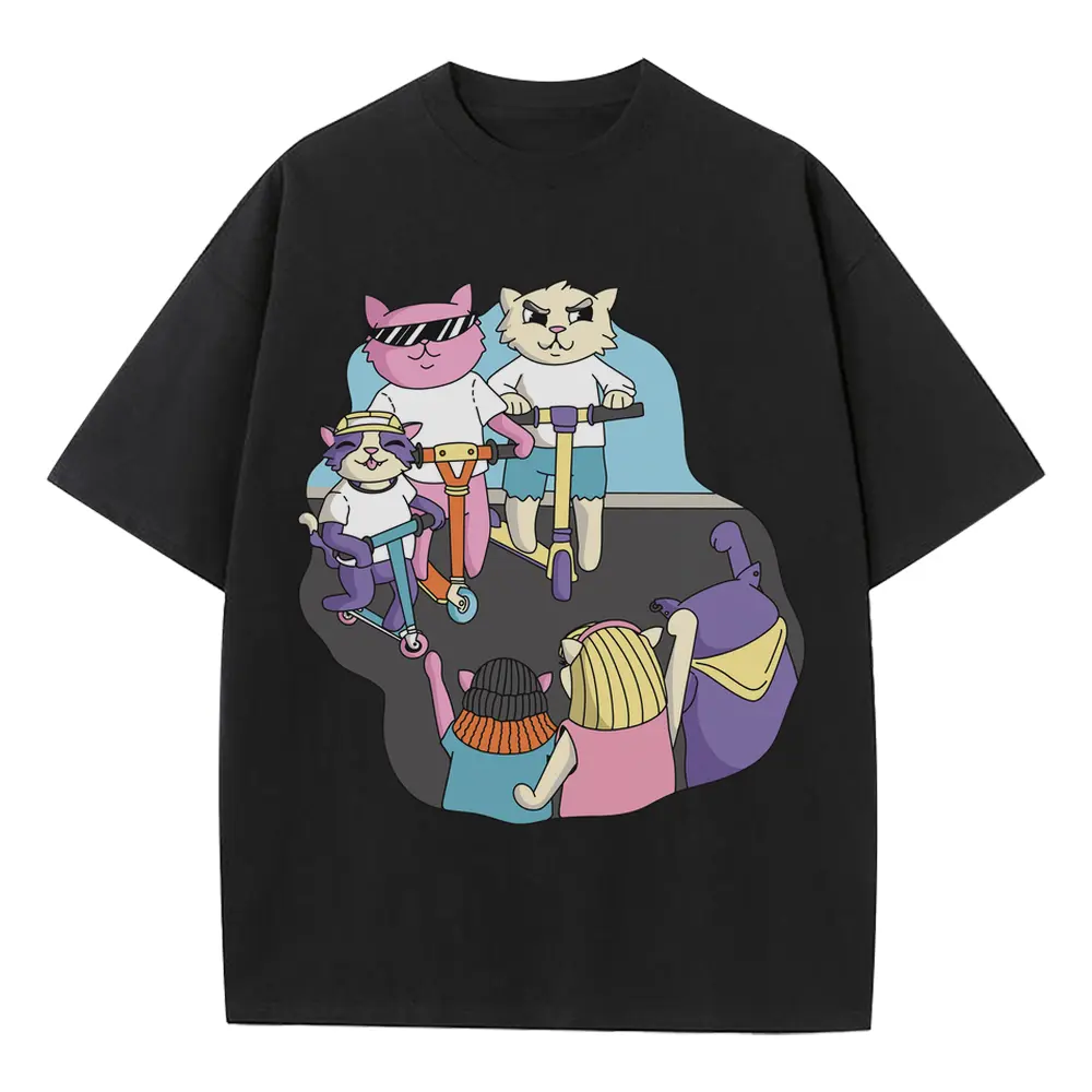 3 Scooter Cats Heavyweight Oversized Black Graphic Tee
