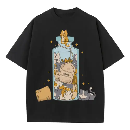 Antidepressants Cats A Heavyweight Oversized Black Graphic Tee