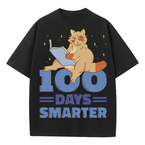 00 Days Smarter Cat Reading Heavyweight Oversized Black Graphic Tee