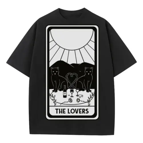 The Lovers Cat Tarot Card Heavyweight Oversized Black Graphic Tee