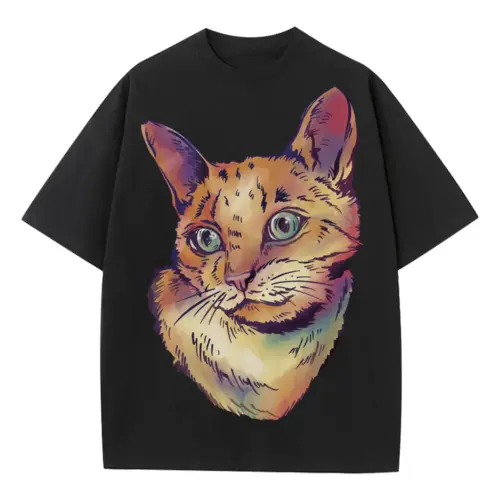 Watercolorcat Heavyweight Oversized Black Graphic Tee