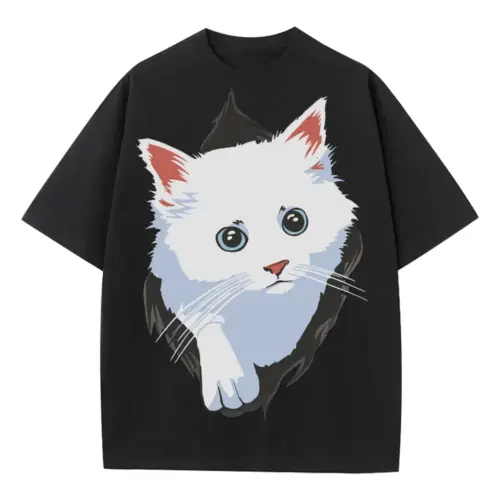 White Cat Box Heavyweight Oversized Black Graphic Tee
