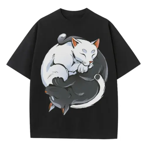 Zen Cats Ying Yang Heavyweight Oversized Black Graphic Tee