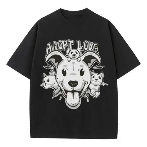Adopt Cats Dogs Heavyweight Oversized Black Graphic Tee