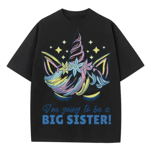 Big Sister Unicorn Heavyweight Oversized Black Graphic Tee